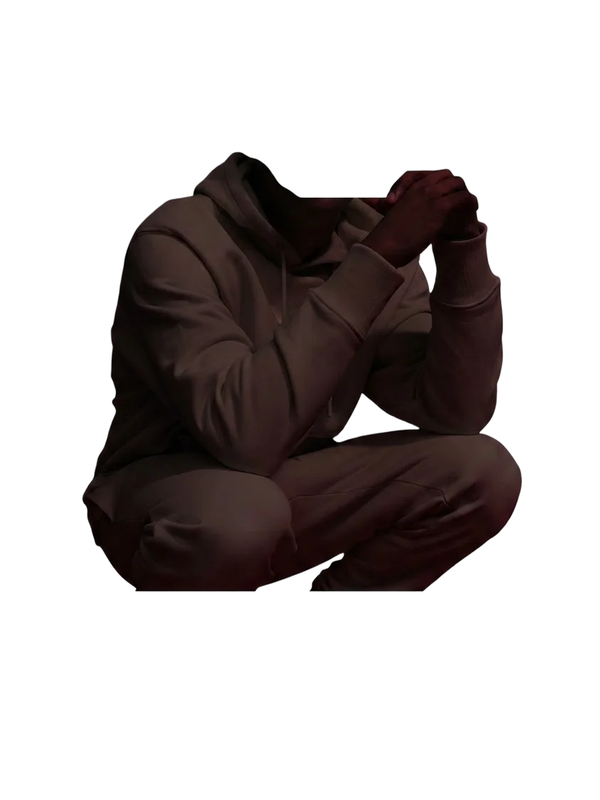 Alejandro Zárate crouched in a hoodie against a red backdrop
